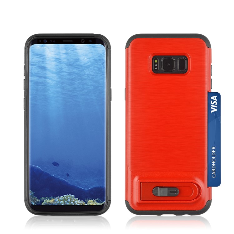 ANGIBABE for Samsung Galaxy S8 G950 Card Slot Brushed Hybrid PC + TPU Kickstand Case - Red-3