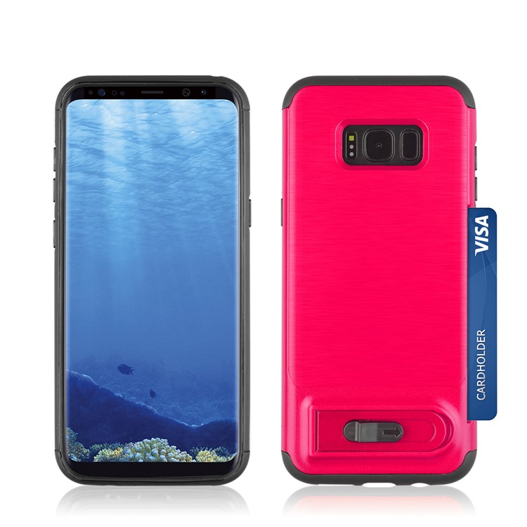 ANGIBABE Card Slot Brushed PC + TPU Kickstand Mobile Casing for Samsung Galaxy S8 G950 - Rose-3