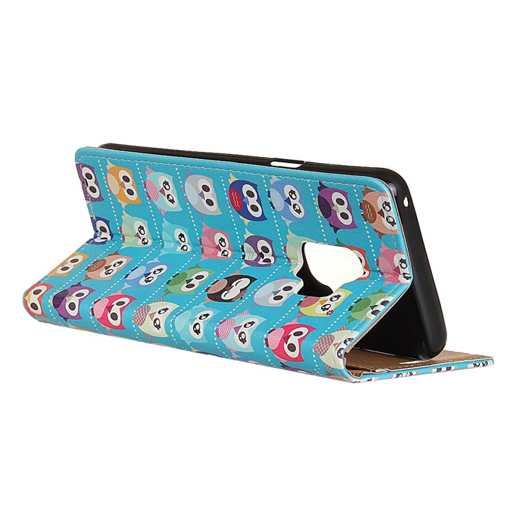 Patterned PU Leather Wallet Stand Protective Cover for Samsung Galaxy S9 G960 - Owl Blue Background-3