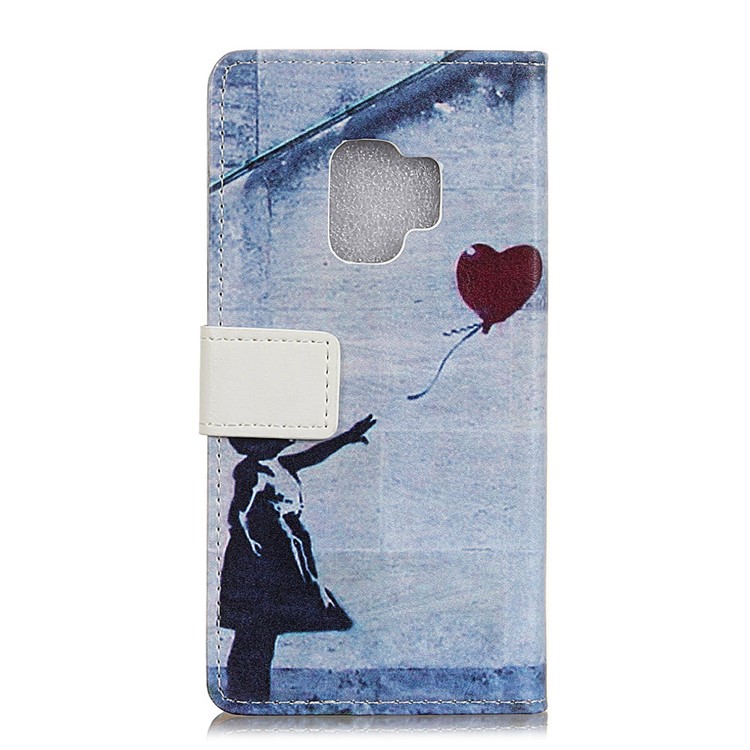 Patterned PU Leather Wallet Stand Protective Mobile Phone Shell for Samsung Galaxy S9 - Abstract Child Releasing Heart Balloon-2