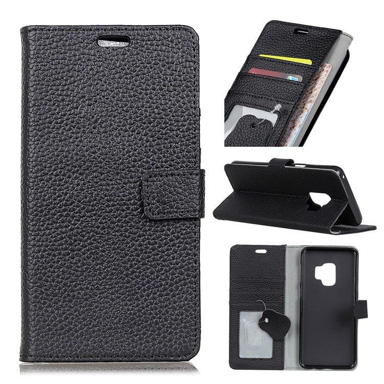 Litchi Grain Genuine Leather Wallet Stand Case for Samsung Galaxy S9 G960 - Black-1