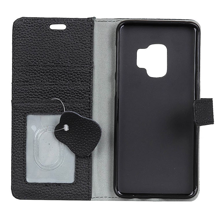 Litchi Grain Genuine Leather Wallet Stand Case for Samsung Galaxy S9 G960 - Black-4