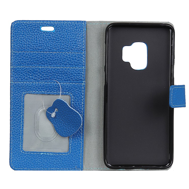 Litchi Grain Genuine Leather Stand Wallet Magnetic Shell for Samsung Galaxy S9 G960 - Blue-4
