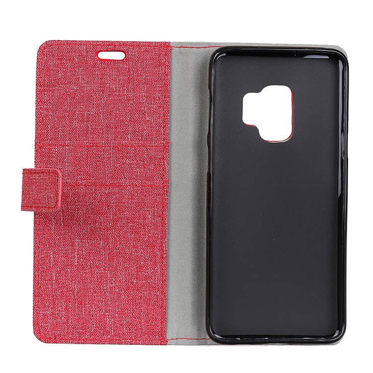 Linen Cloth Leather Card Holder Phone Shell for Samsung Galaxy S9 - Red-4