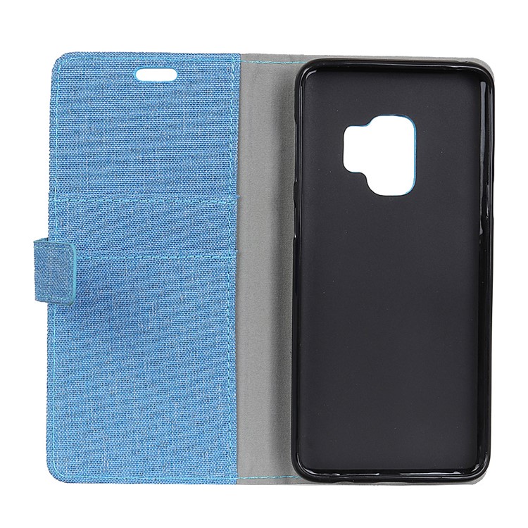 Linen Cloth Leather Magnetic Wallet Stand Cover Case for Samsung Galaxy S9 - Blue-4