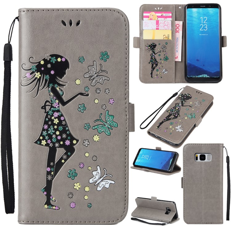 Flash Powder Flower Beauty Pattern Leather Wallet Cover for Samsung Galaxy S8 SM-G950 - Grey-1