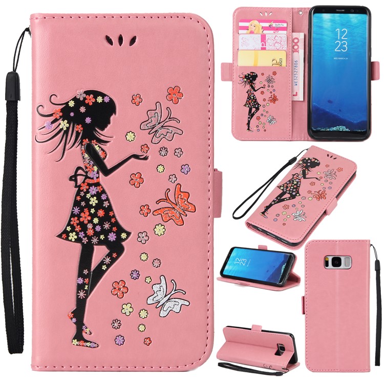 Flash Powder Flower Beauty Pattern Cell Phone Leather Wallet Case for Samsung Galaxy S8 SM-G950 - Pink-1