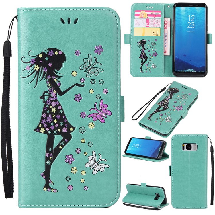 Flash Powder Flower Beauty Pattern Leather Card Holder Case for Samsung Galaxy S8 SM-G950 - Cyan-1