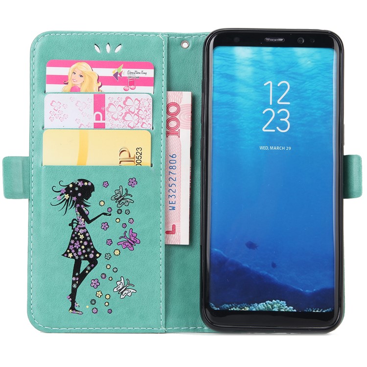 Flash Powder Flower Beauty Pattern Leather Card Holder Case for Samsung Galaxy S8 SM-G950 - Cyan-4