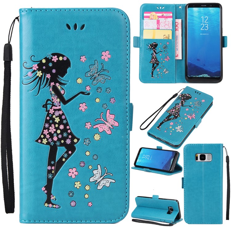 Flash Powder Flower Beauty Pattern Magnetic Leather Wallet Case for Samsung Galaxy S8 SM-G950 - Blue-1