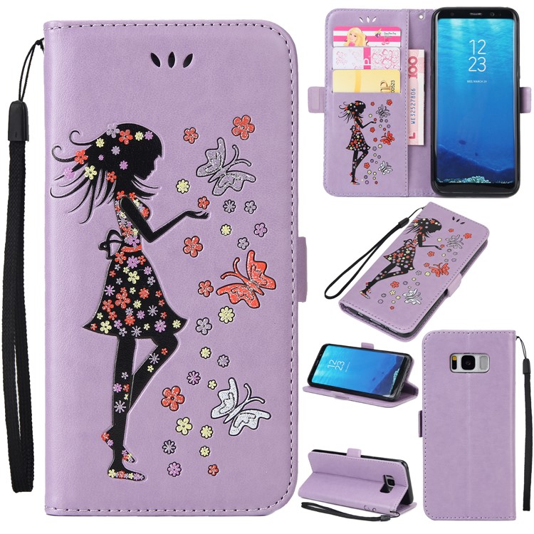 Flash Powder Flower Beauty Pattern Stand Leather Wallet Case for Samsung Galaxy S8 SM-G950 - Purple-1