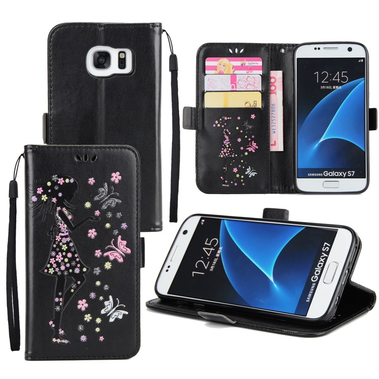 Flash Powder Flower Beauty Pattern Leather Wallet Case for Samsung Galaxy S7 SM-G930 - Black-1