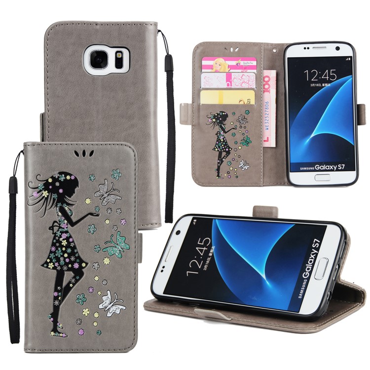 Flash Powder Flower Beauty Pattern Leather Wallet Cover for Samsung Galaxy S7 SM-G930 - Grey-1