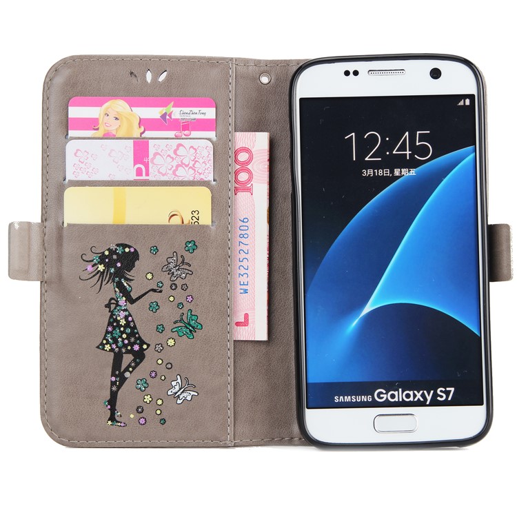 Flash Powder Flower Beauty Pattern Leather Wallet Cover for Samsung Galaxy S7 SM-G930 - Grey-4