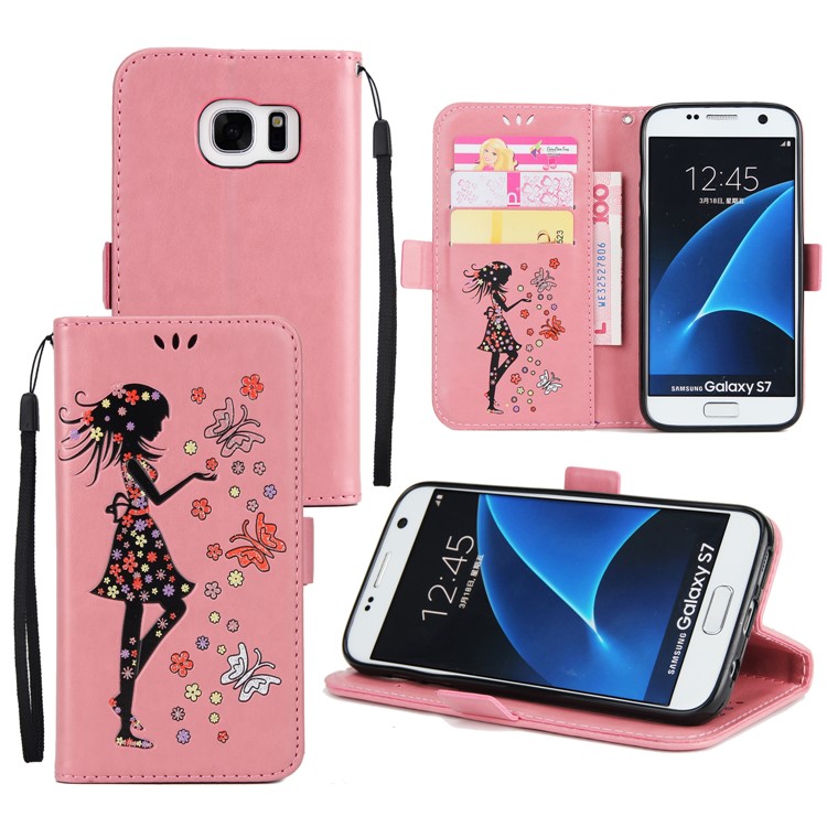 Flash Powder Flower Beauty Pattern Leather Wallet Case Shell for Samsung Galaxy S7 SM-G930 - Pink-1