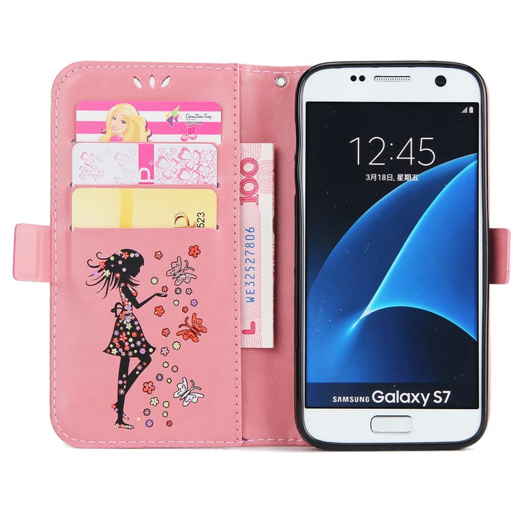 Flash Powder Flower Beauty Pattern Leather Wallet Case Shell for Samsung Galaxy S7 SM-G930 - Pink-4