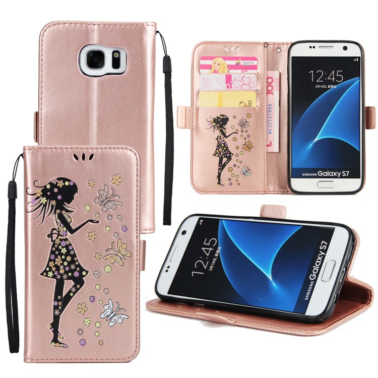 Flash Powder Flower Beauty Pattern PU Leather Wallet Case for Samsung Galaxy S7 SM-G930 - Rose Gold-1