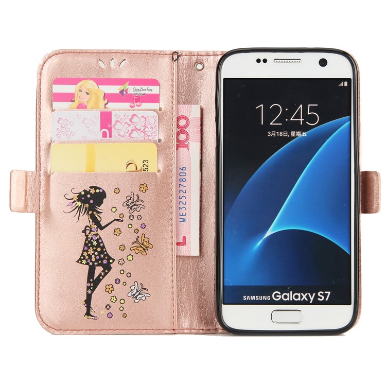 Flash Powder Flower Beauty Pattern PU Leather Wallet Case for Samsung Galaxy S7 SM-G930 - Rose Gold-4