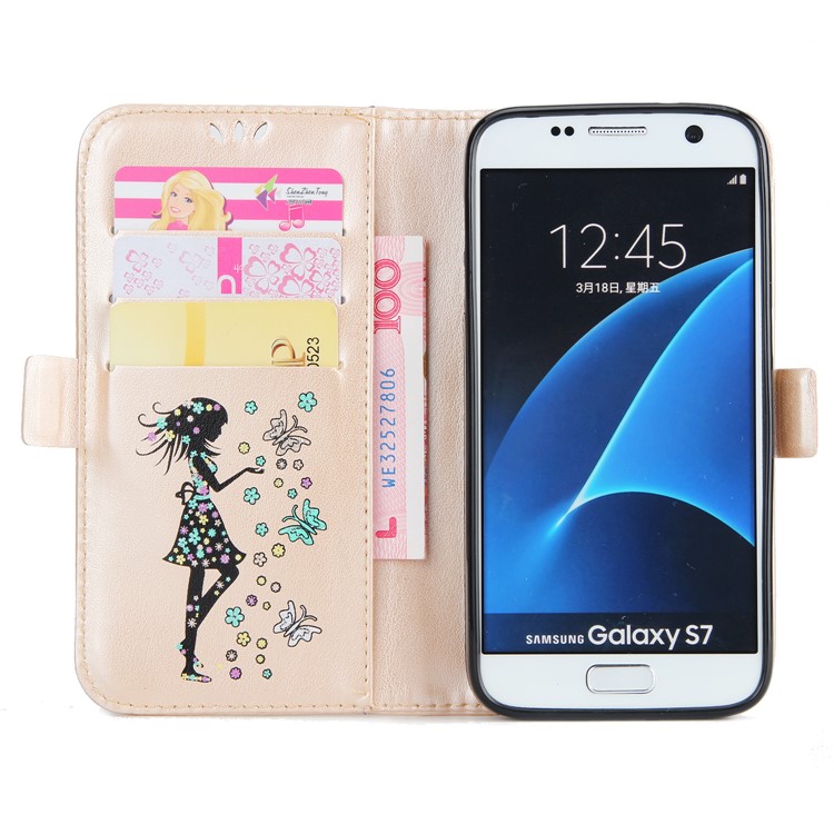 Flash Powder Flower Beauty Pattern Magnetic Leather Wallet Case for Samsung Galaxy S7 SM-G930 - Gold-4