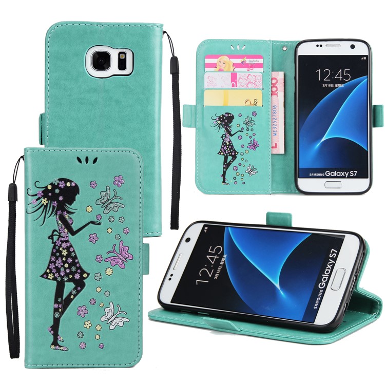 Flash Powder Flower Beauty Pattern Wallet Leather Stand Case for Samsung Galaxy S7 SM-G930 - Cyan-1