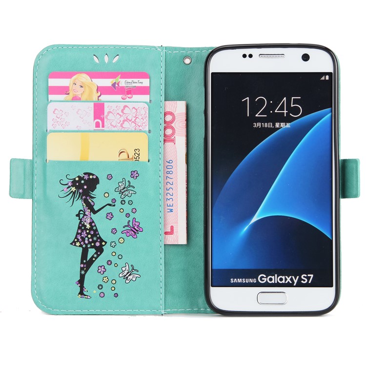 Flash Powder Flower Beauty Pattern Wallet Leather Stand Case for Samsung Galaxy S7 SM-G930 - Cyan-4