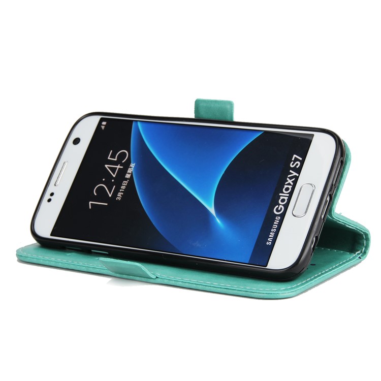 Flash Powder Flower Beauty Pattern Wallet Leather Stand Case for Samsung Galaxy S7 SM-G930 - Cyan-5
