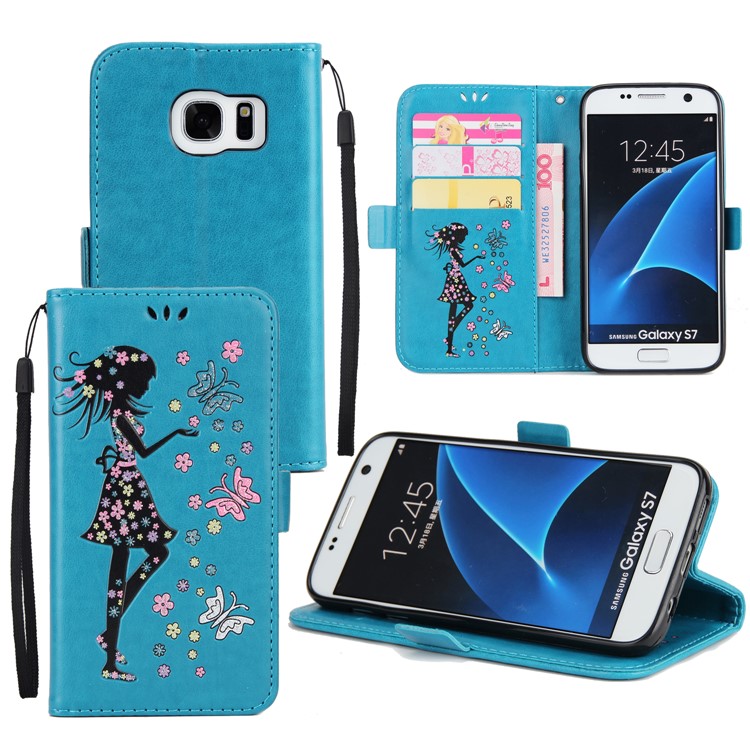 Flash Powder Flower Beauty Pattern Wallet Leather Stand Cover for Samsung Galaxy S7 SM-G930 - Blue-1