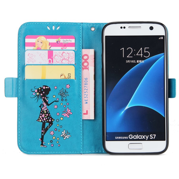 Flash Powder Flower Beauty Pattern Wallet Leather Stand Cover for Samsung Galaxy S7 SM-G930 - Blue-4