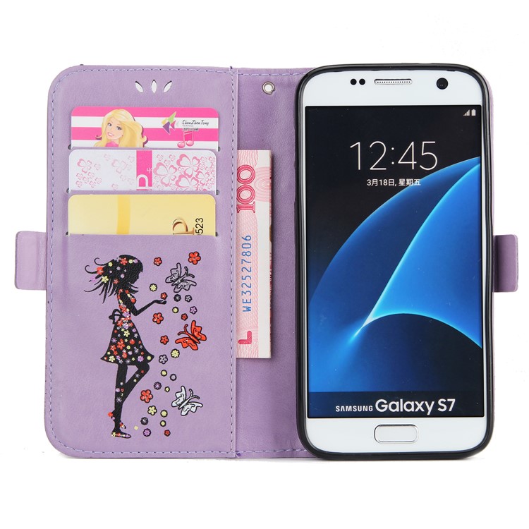 Flash Powder Flower Beauty Pattern Stand Leather Wallet Case for Samsung Galaxy S7 SM-G930 - Purple-4
