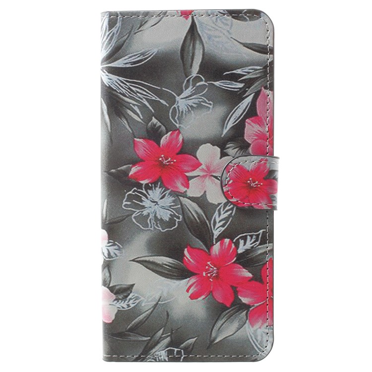 Pattern Printing Leather Wallet Phone Case with Stand for Samsung Galaxy A8 Plus (2018) - Red Flower-1