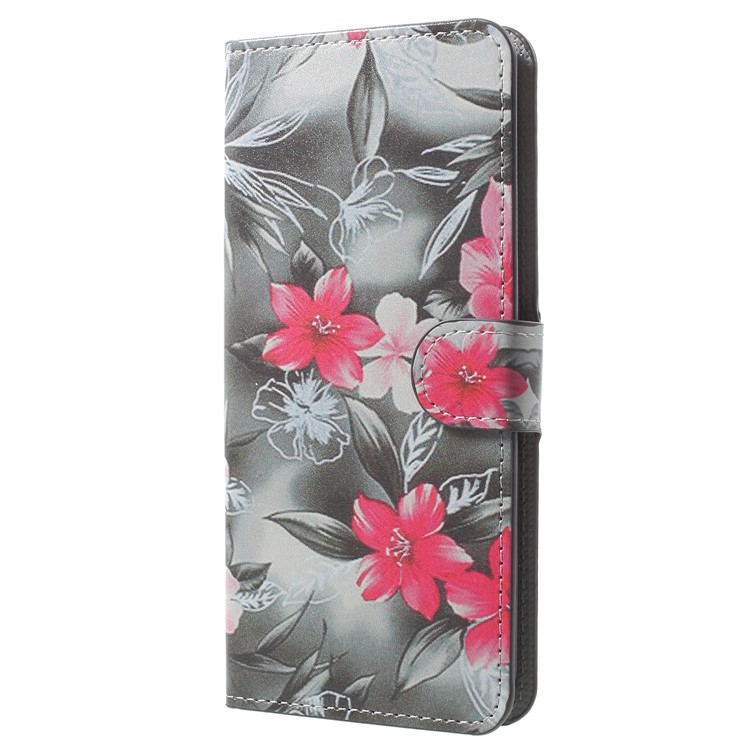 Pattern Printing Leather Wallet Phone Case with Stand for Samsung Galaxy A8 Plus (2018) - Red Flower-2