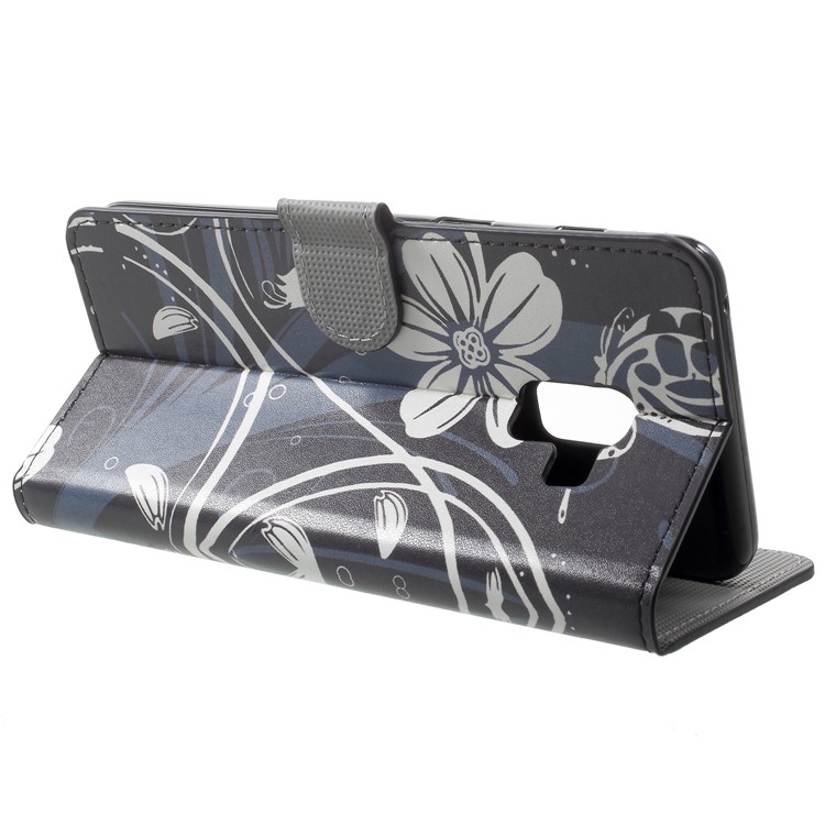 Pattern Printing Leather Magnetic Wallet Mobile Phone Shell for Samsung Galaxy A8 Plus (2018) - White Flower-4