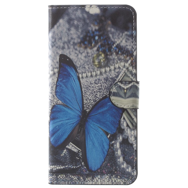 For Samsung Galaxy A8 Plus (2018) Pattern Printing Leather Protection Stand Case Shell - Blue Butterfly-1