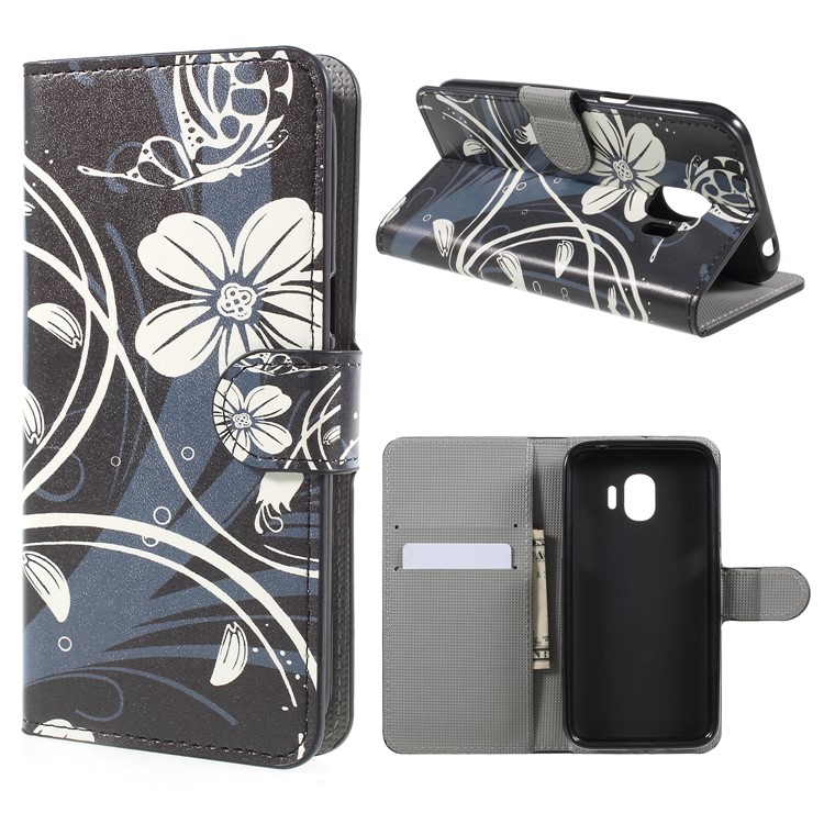 Water Transfer Printing Leather Wallet Stand Case for Samsung Galaxy J2 Pro 2018 - White Flower-1