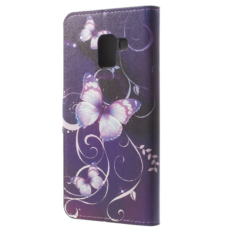 Pattern Printing Leather Magnetic Wallet Stand Folio Cover for Samsung Galaxy A8 (2018) - Purple Flower and Butterfly-3