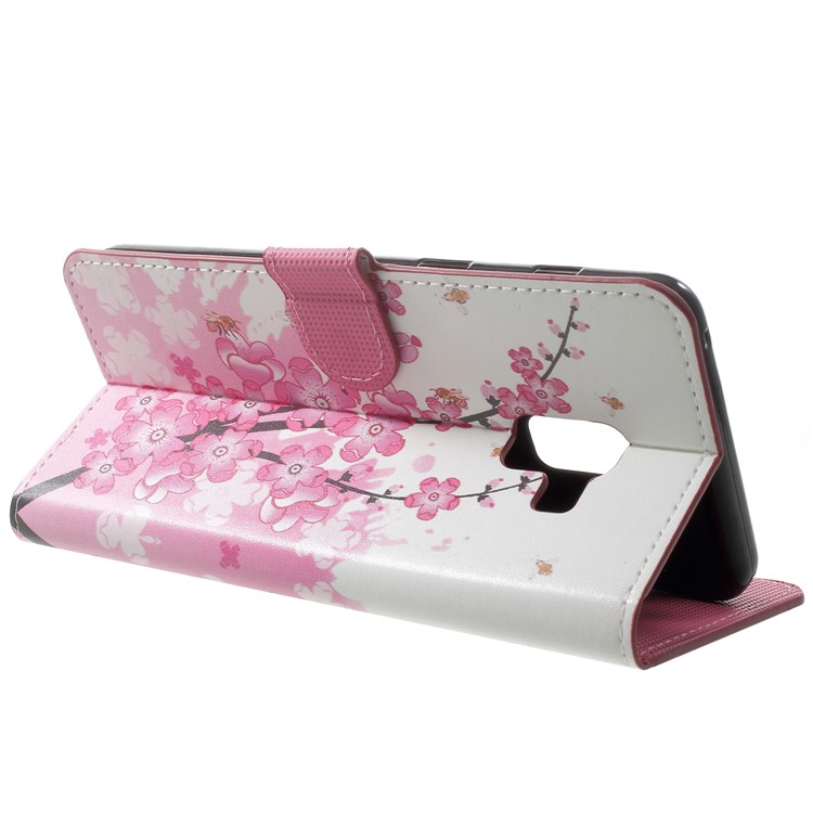 Pattern Printing Leather Magnetic Wallet Stand Folio Protective Case for Samsung Galaxy A8 (2018) - Peach Flower-4