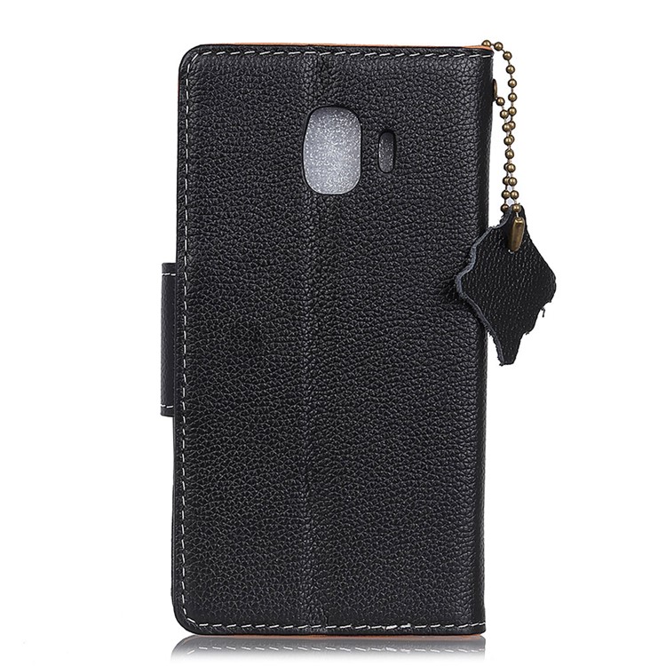 Litchi Texture Genuine Leather Wallet Stand Cell Phone Case for Samsung Galaxy J2 Pro 2018 - Black-2