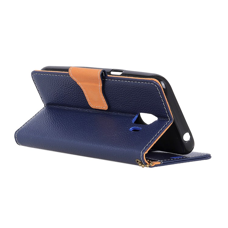 Litchi Texture Genuine Leather Wallet Stand Cell Phone Cover for Samsung Galaxy J2 Pro 2018 - Blue-4