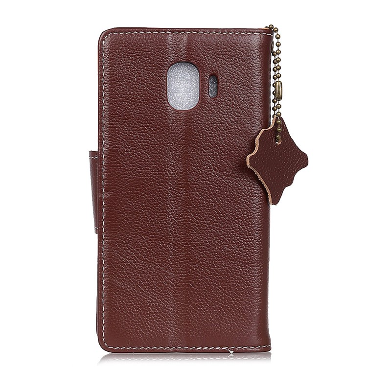 Litchi Texture Genuine Leather Wallet Mobile Phone Case with Stand for Samsung Galaxy J2 Pro 2018 - Brown-2