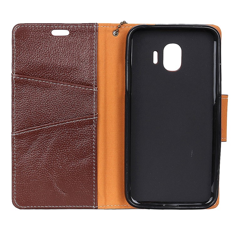 Litchi Texture Genuine Leather Wallet Mobile Phone Case with Stand for Samsung Galaxy J2 Pro 2018 - Brown-3