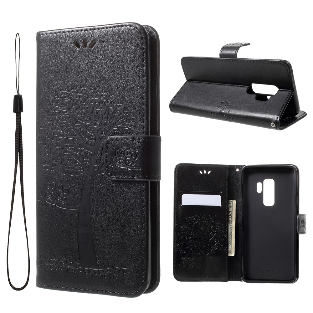 Imprint Tree Owl PU Leather Wallet Case with Strap for Samsung Galaxy S9+ G965 - Black-1
