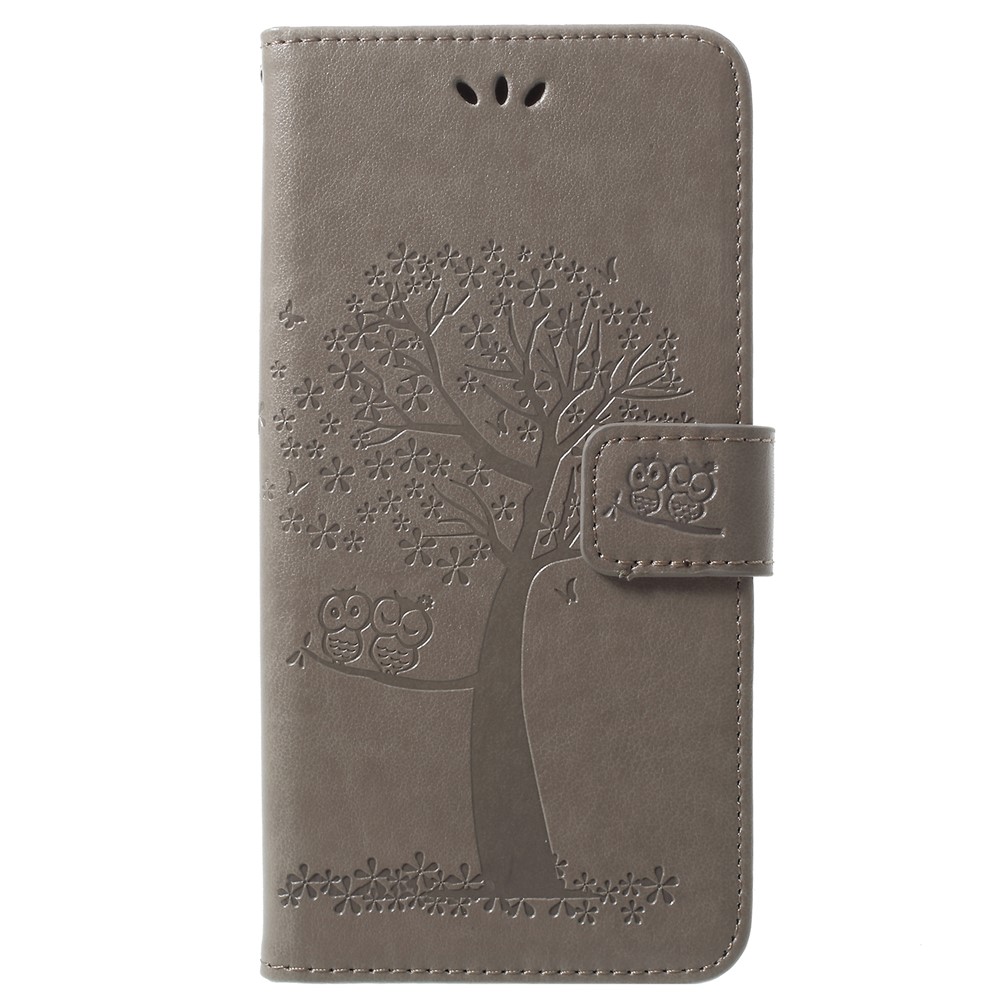 Imprint Tree Owl PU Leather Wallet Cover with Strap for Samsung Galaxy S9+ G965 - Grey-1