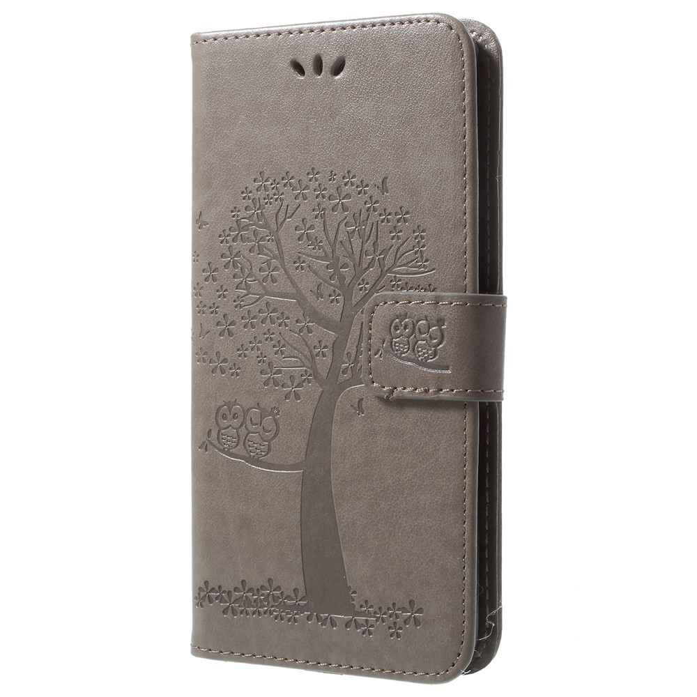 Imprint Tree Owl PU Leather Wallet Cover with Strap for Samsung Galaxy S9+ G965 - Grey-2