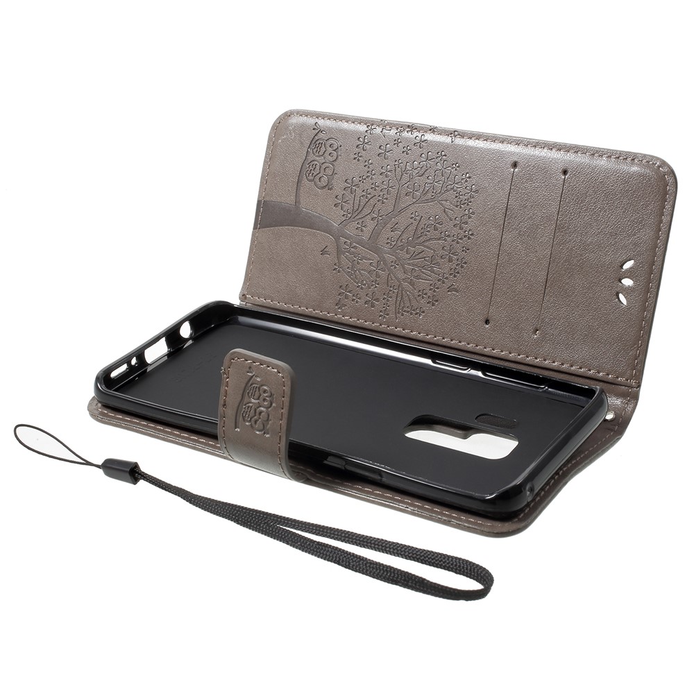 Imprint Tree Owl PU Leather Wallet Cover with Strap for Samsung Galaxy S9+ G965 - Grey-5
