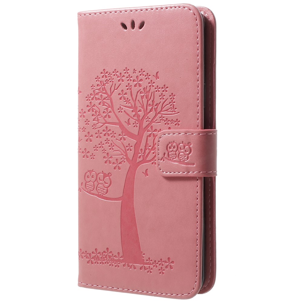 Imprint Tree Owl PU Leather Wallet Stand Phone Case for Samsung Galaxy S9+ G965 - Pink-2