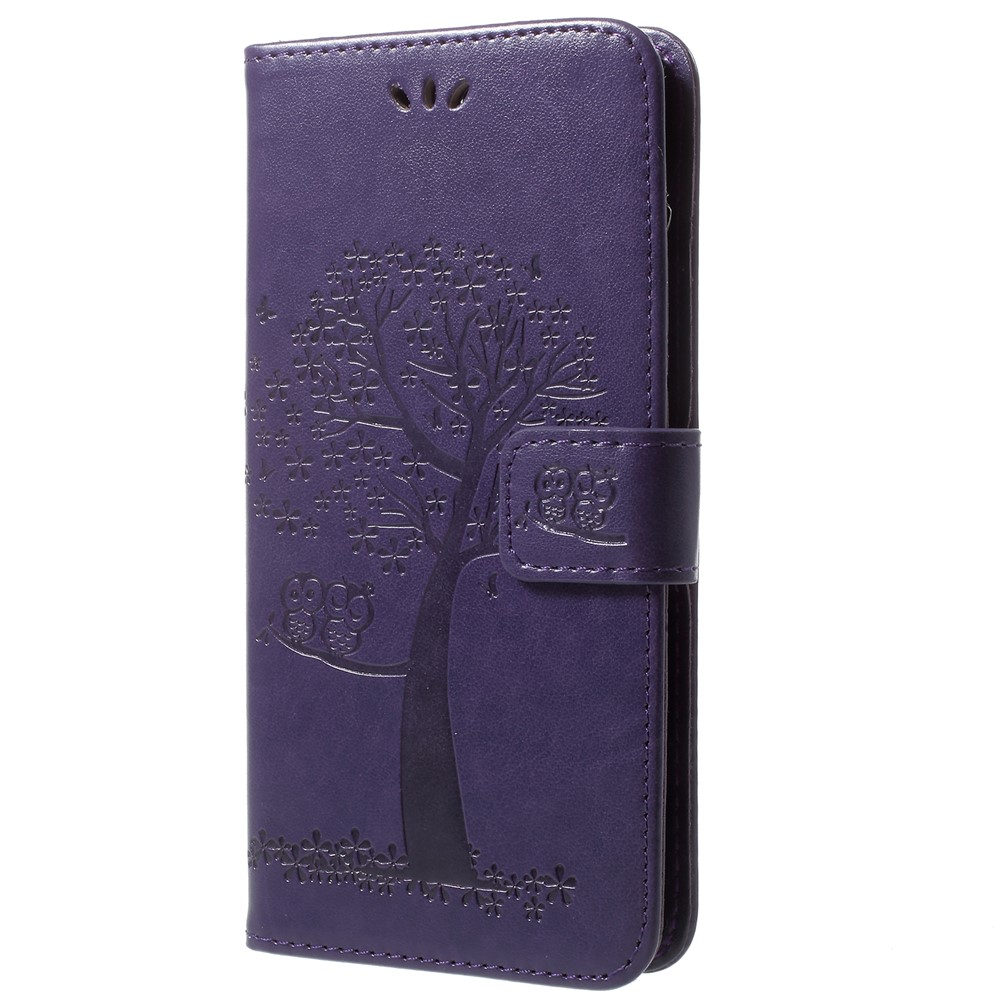 Imprint Tree Owl Protective Leather Wallet Mobile Cover for Samsung Galaxy S9+ G965 - Dark Purple-2