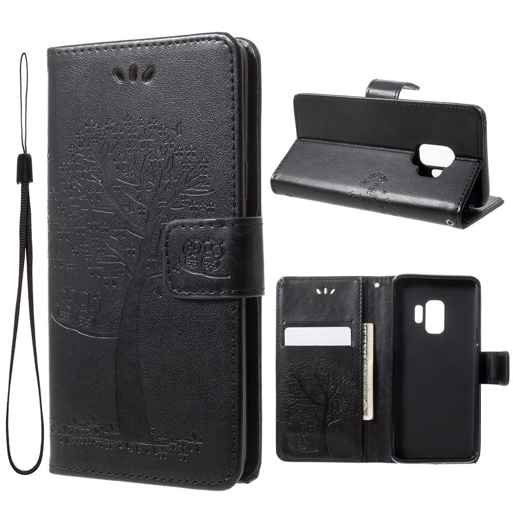 For Samsung Galaxy S9 G960 Imprint Tree Owl Wallet PU Leather Mobile Case with Lanyard - Black-1