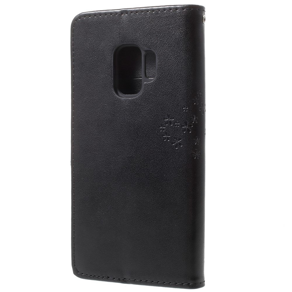 Per Samsung Galaxy S9 G960 Imprint Tree Owl Wallet PU Case di Pelle in Pelle Con Cordino - Nero