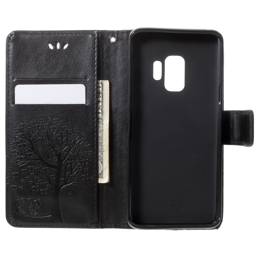 Para o Samsung Galaxy S9 G960 Impressão Owl Wallet PU Couather Mobile Case Com Cordão - Preto