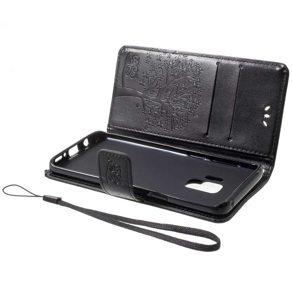 For Samsung Galaxy S9 G960 Imprint Tree Owl Wallet PU Leather Mobile Case with Lanyard - Black-7